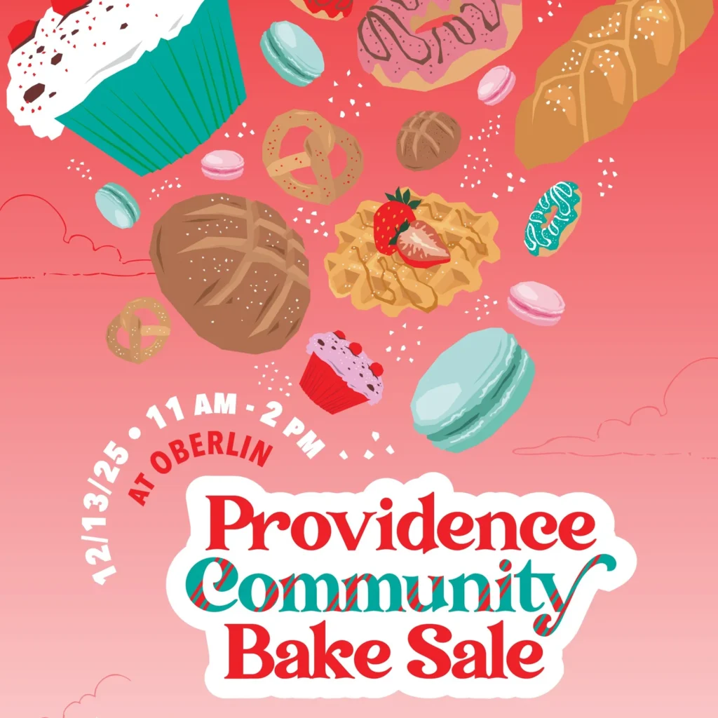 Colorful baked goods float against a pink background, promoting the Providence Community Bake Sale at Oberlin.