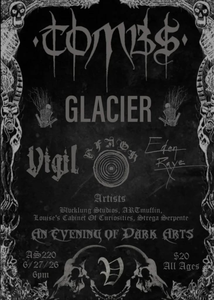 Promotional poster for "An Evening of Dark Arts" featuring event details and artist names.