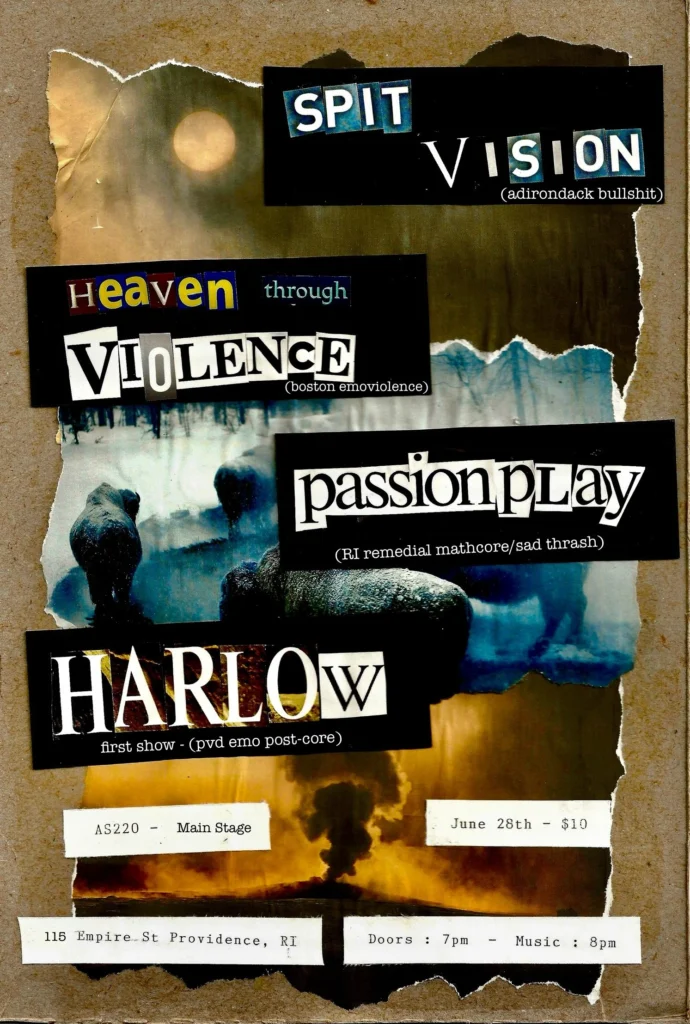 Promotional flyer for a music event featuring four bands, with details on date, location, and ticket price.