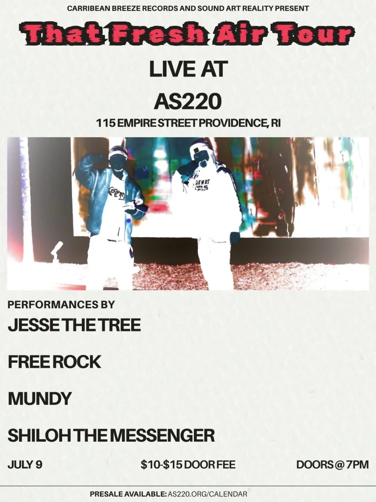 Flyer for "That Fresh Air Tour" featuring performers Jesse the Tree, Free Rock, Mundy, and Shiloh the Messenger.