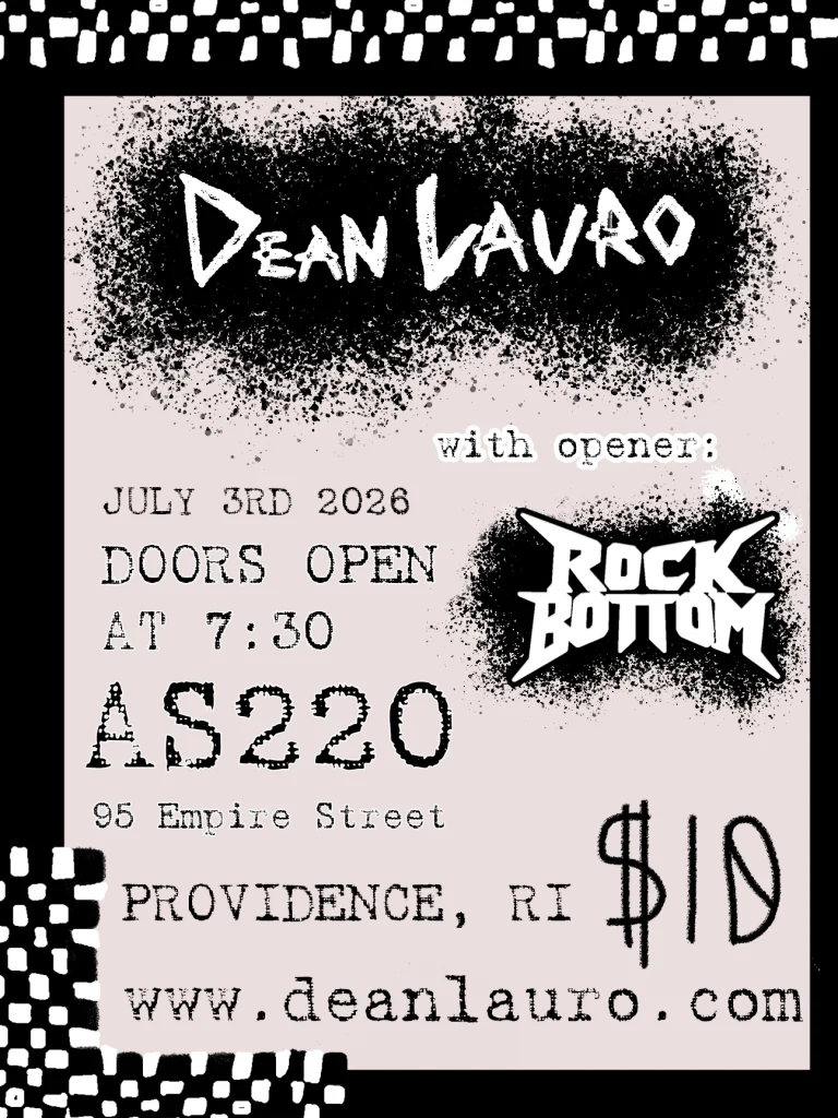 Concert ticket for Dean Lauro on July 3, 2026, with opener Rock Bottom at AS220, Providence, RI. Doors open at 7:30 PM.