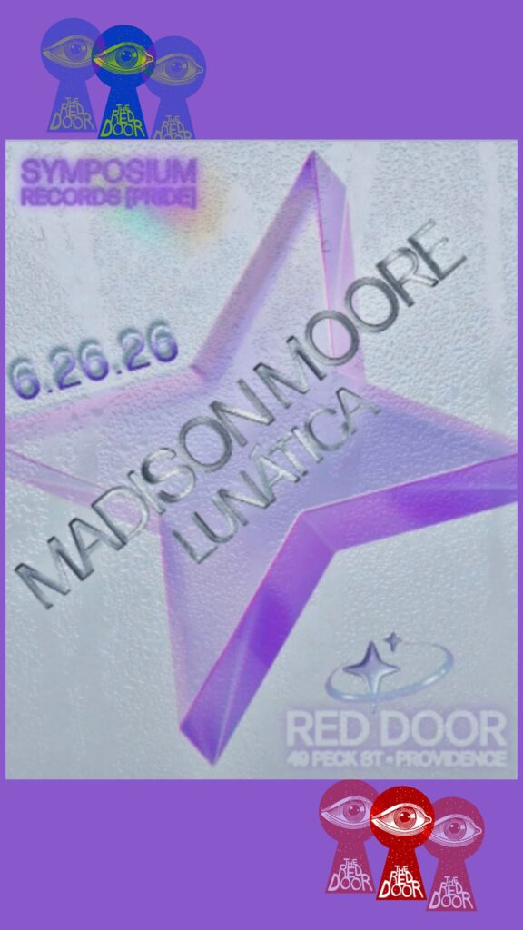 Event poster featuring a purple star, text for Madison Moore, and details for a Pride event at Red Door.