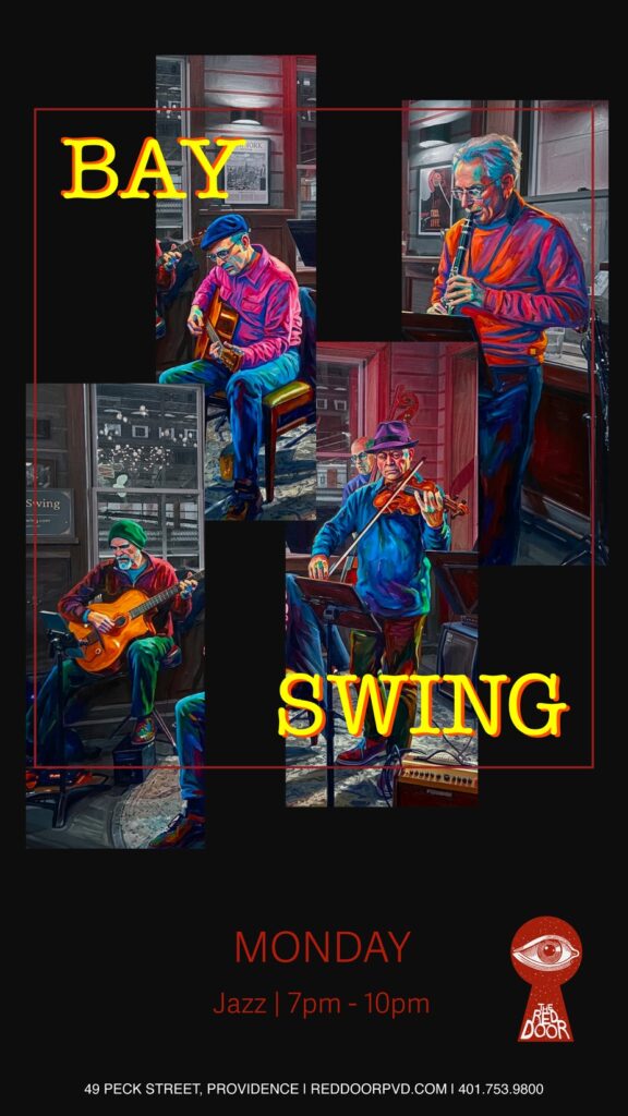 Musicians perform jazz with guitar, flute, and violin in a vibrant setting. Event details included.