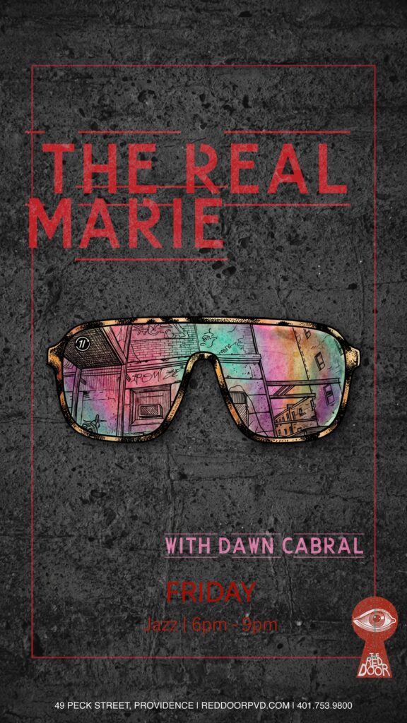 Colorful sunglasses with a cityscape reflection promote a jazz event featuring Dawn Cabral on Friday.