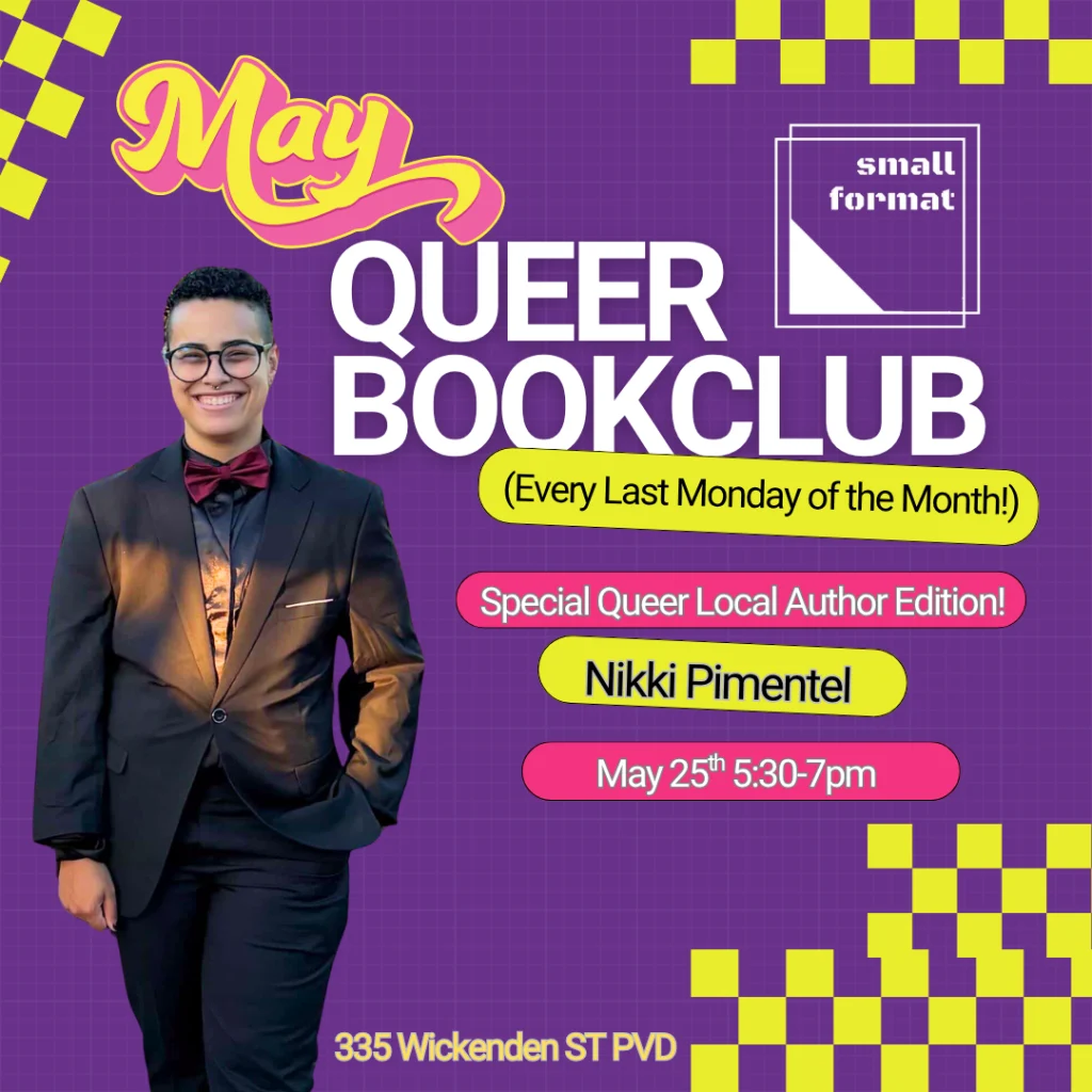 A person in formal attire smiles, promoting a queer book club event featuring Nikki Pimentel on May 25th.