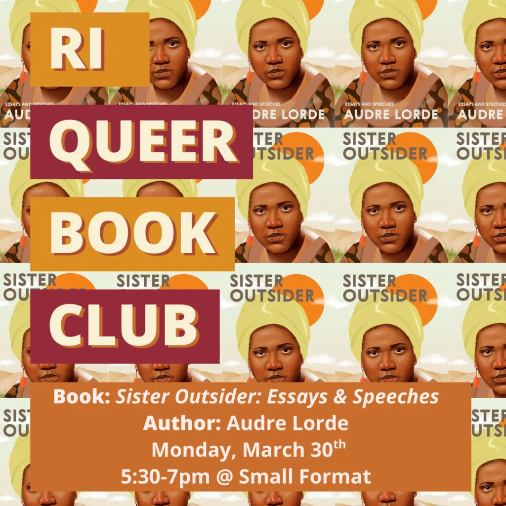 RI Queer Book Club flyer featuring Audre Lorde's "Sister Outsider." Meeting details included.