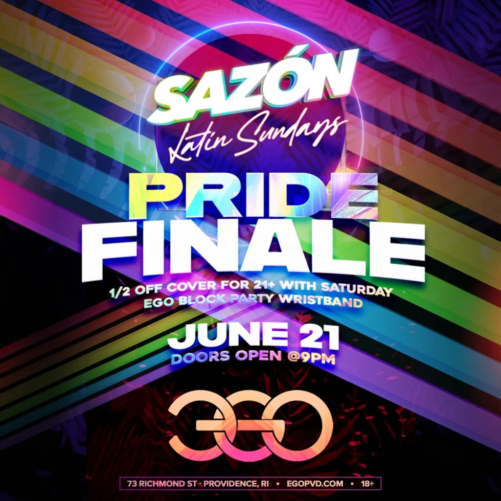 Promotional poster for Sazón Latin Sundays Pride Finale on June 21 at Ego, featuring vibrant colors and event details.