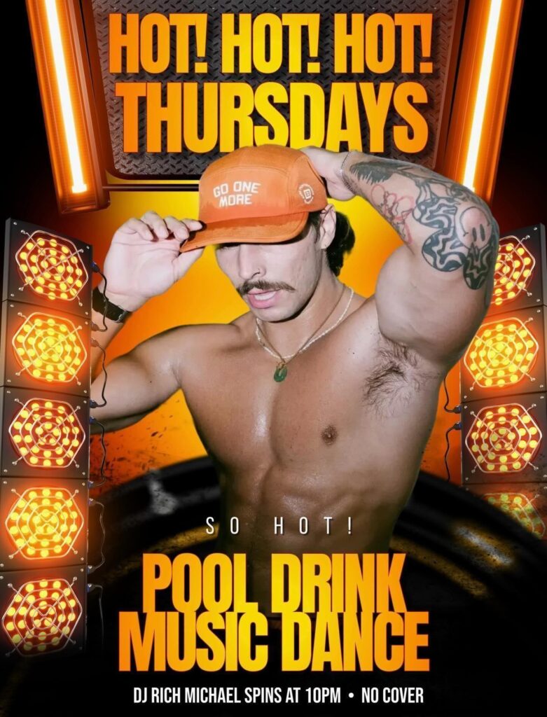 A shirtless man adjusts his orange cap, promoting a lively Thursday event with music and dancing.
