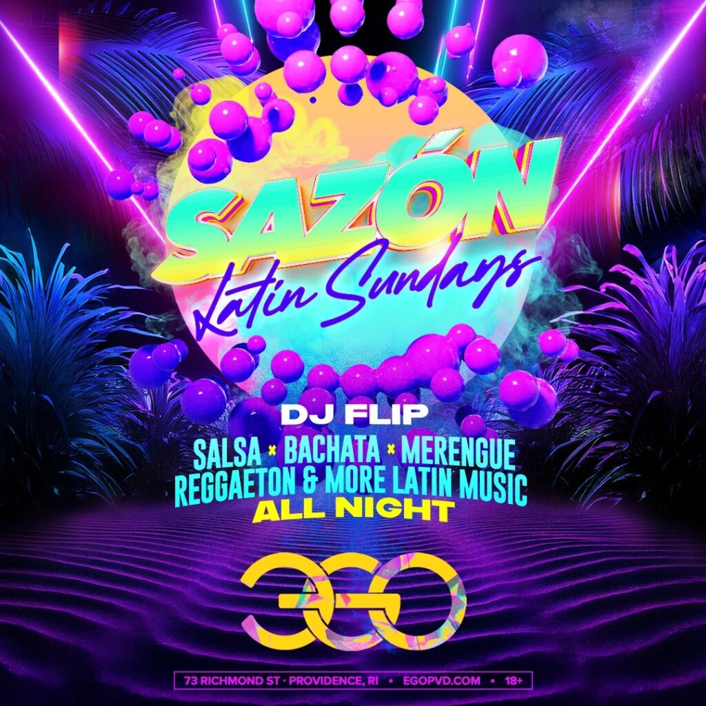 Colorful promotional graphic for "Sazón Latin Sundays" featuring DJ Flip, highlighting Latin music genres.