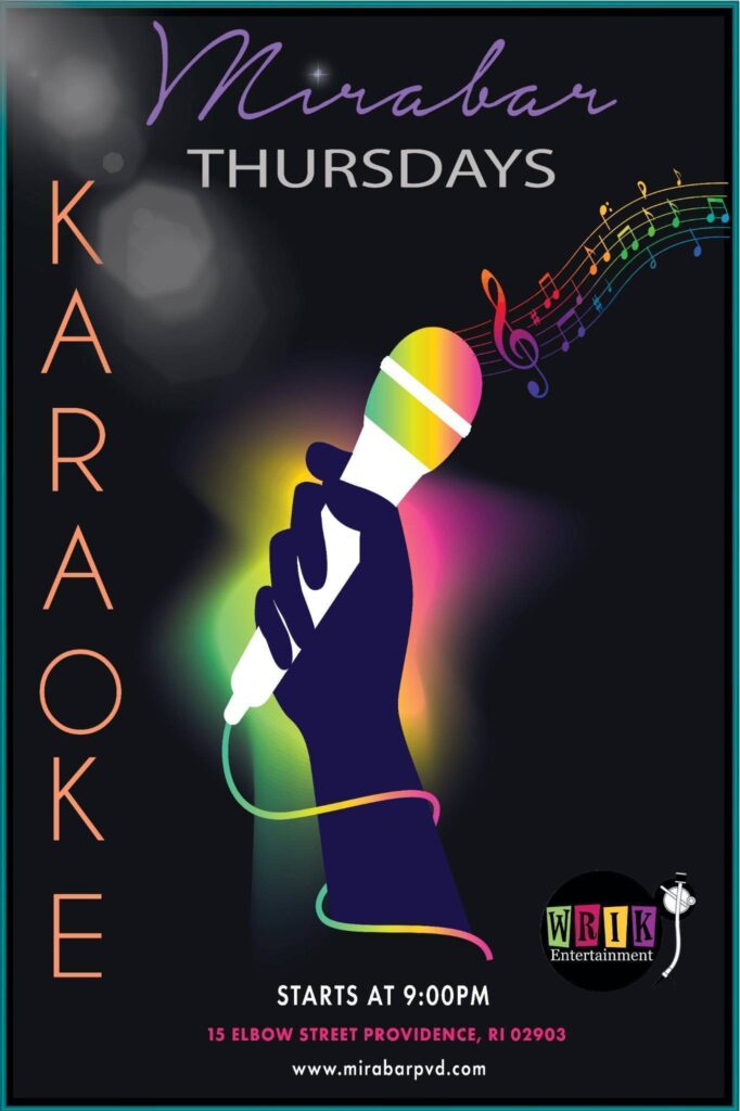 Colorful poster promoting karaoke night at Mirabar, featuring a hand holding a microphone and musical notes.