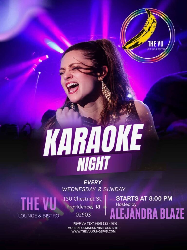 A woman sings passionately at a karaoke night, with colorful lights in the background. Event details are displayed.