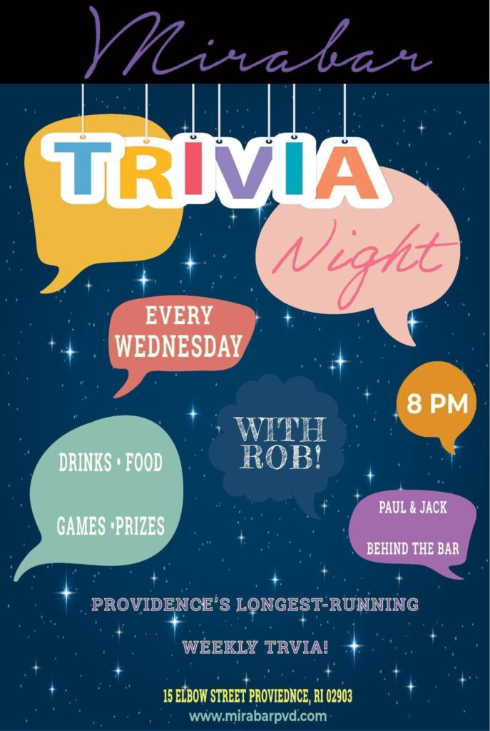 Promotional poster for Mirabar's trivia night, featuring details about drinks, food, games, and prizes.