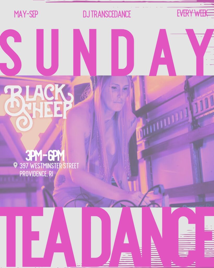 A DJ performs at a Sunday tea dance event, with vibrant pink text and event details displayed.