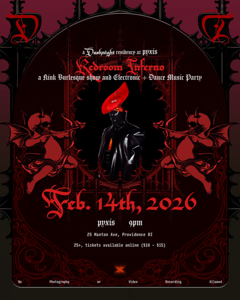 Promotional poster for "Redroom Inferno," a kink burlesque and electronic dance party on February 14, 2026.
