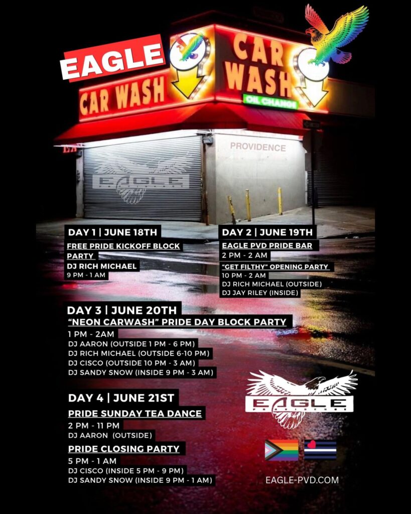 A vibrant flyer for Eagle's Pride events, featuring a car wash venue and schedule of parties and DJs.