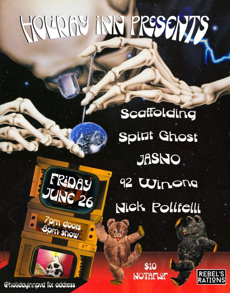 Promotional poster for a music event featuring skeletons, bears, and details about the show.