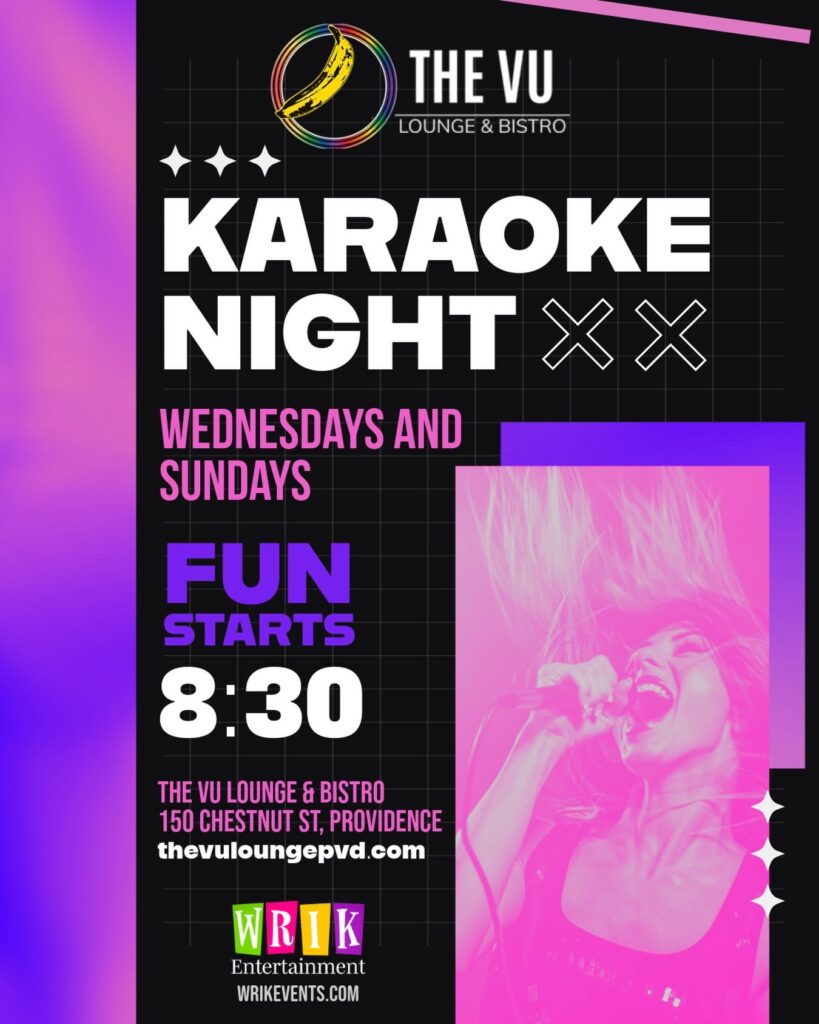 Karaoke night advertisement for The VU Lounge & Bistro, featuring vibrant colors and event details.