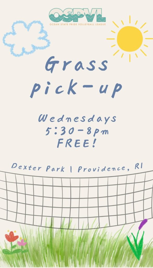 Announcement for grass volleyball pick-up at Dexter Park, Wednesdays 5:30-8 PM, free to join.