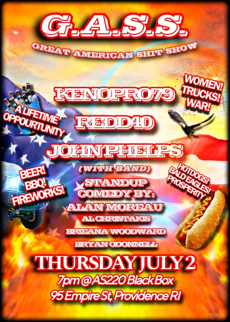 Promotional poster for "G.A.S.S." comedy show featuring various performers, food, and fireworks. Event details included.