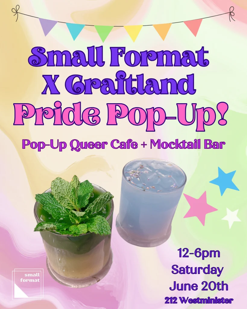 Two colorful mocktails sit on a pastel background, promoting a Pride pop-up event.