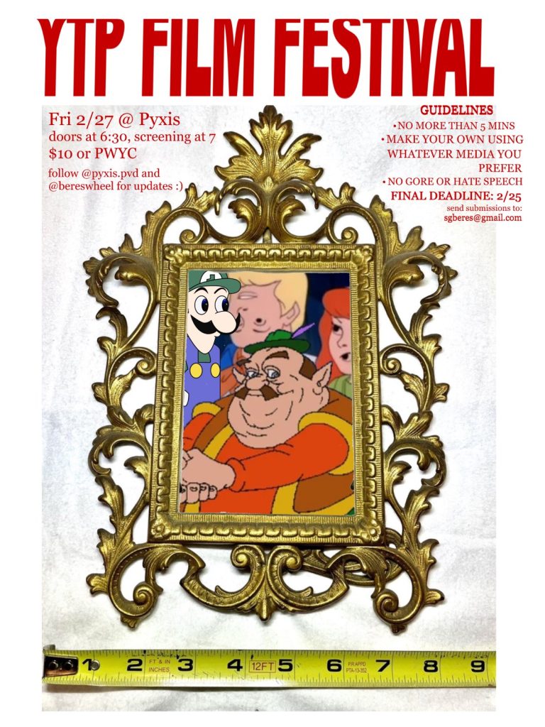 A gold-framed poster for YTP Film Festival featuring cartoon characters and event details.
