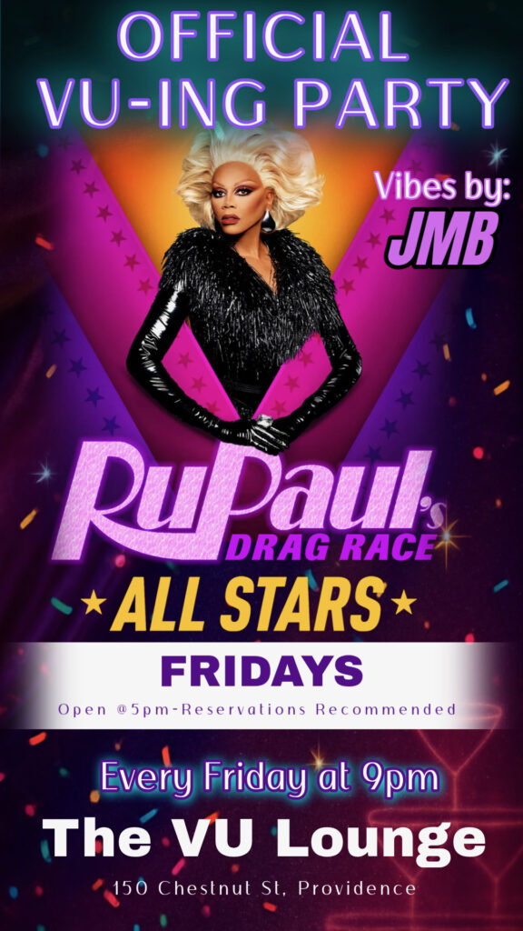 Promotional poster for RuPaul's Drag Race viewing party at The VU Lounge, featuring vibrant colors and event details.