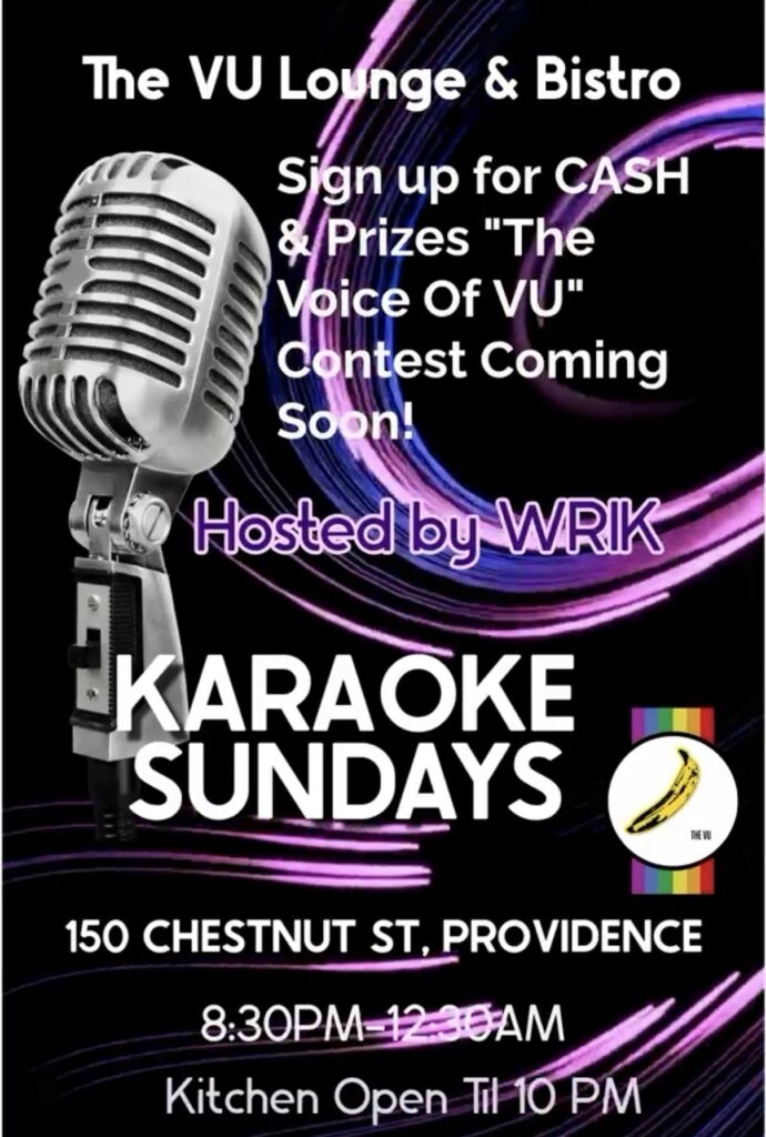 Karaoke event announcement at VU Lounge, featuring cash prizes and hosted by WRIK. Details on location and time included.