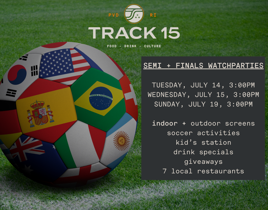 Colorful soccer ball with flags, promoting watch parties at Track 15 for semi and finals matches.