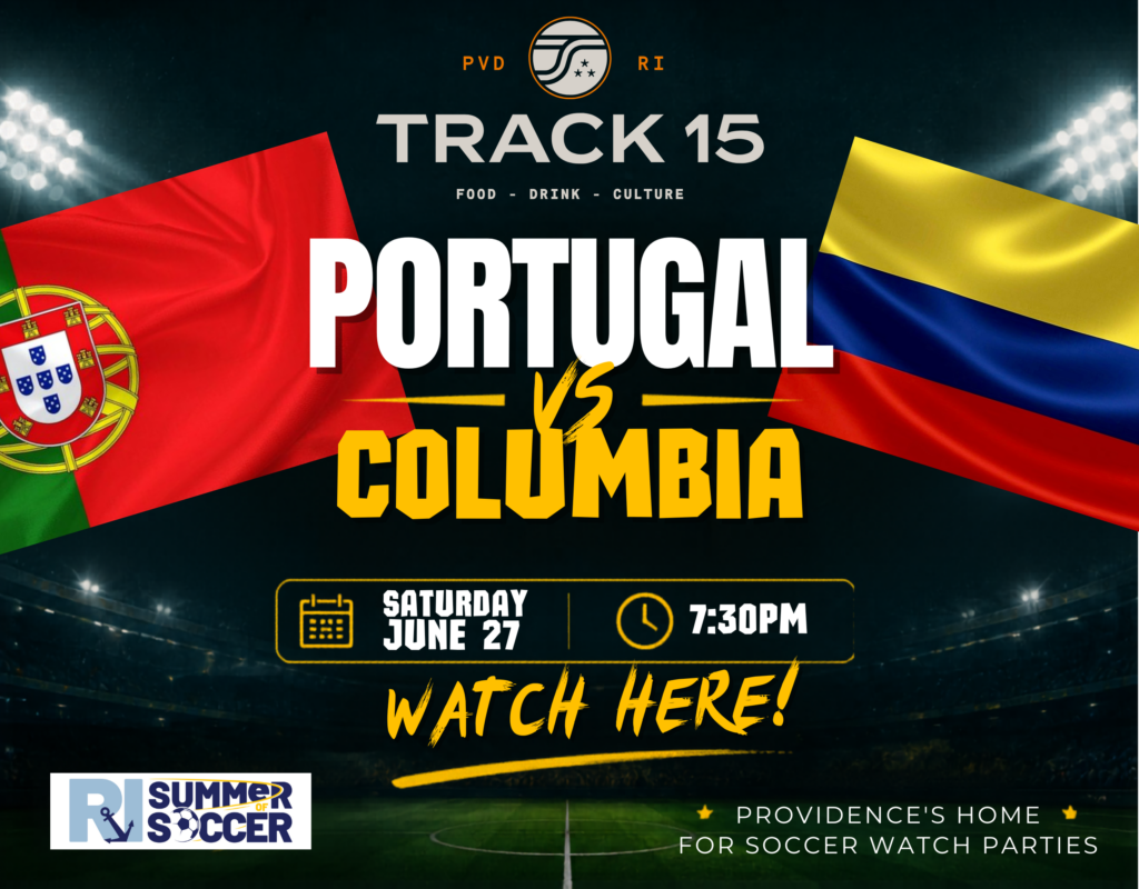 Portugal and Colombia flags displayed, promoting a soccer watch party on June 27 at 7:30 PM.