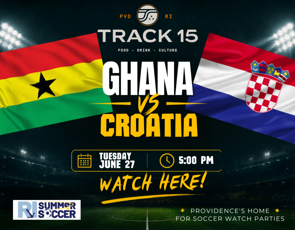 Ghana vs. Croatia soccer match announcement for June 27 at 5:00 PM. Watch party details included.