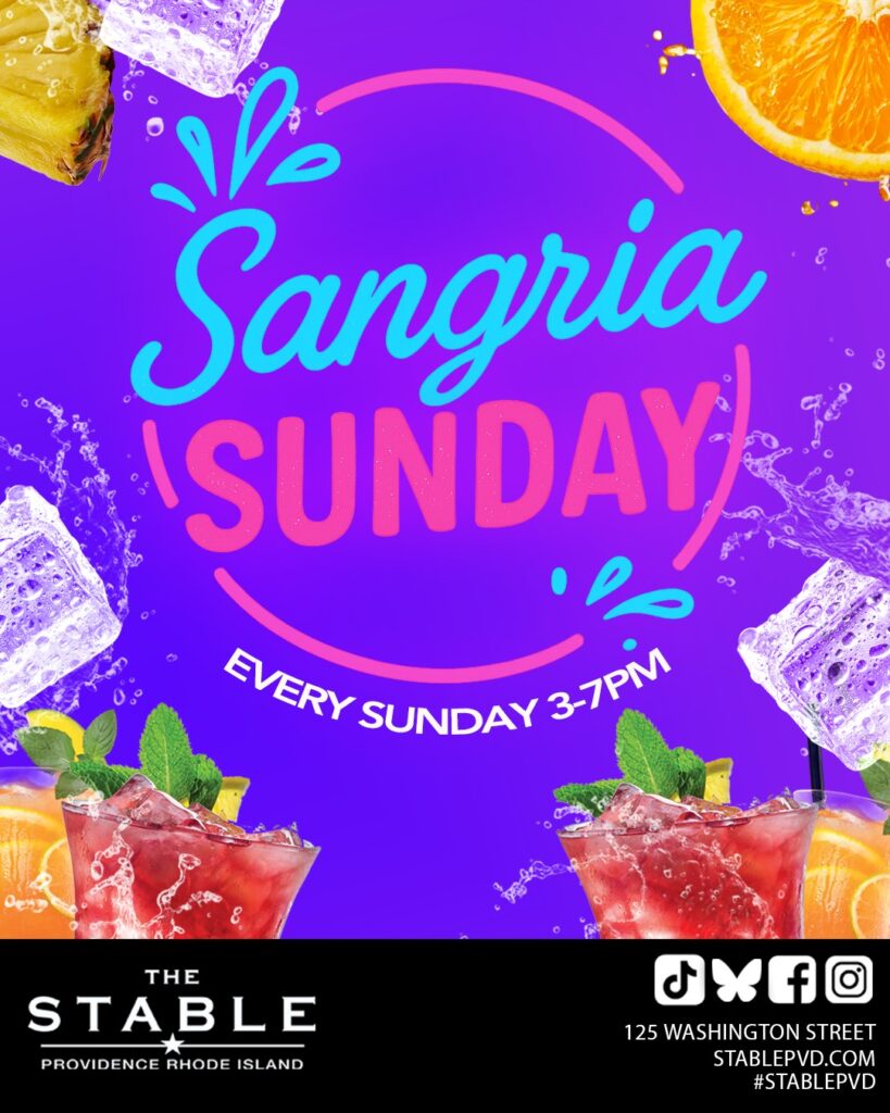 Colorful advertisement for Sangria Sundays, featuring drinks, ice, and fruit. Event details included.