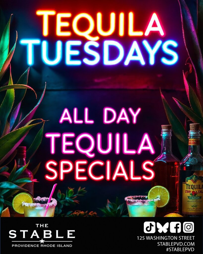 Bright neon sign announces "Tequila Tuesdays" with tequila bottles and cocktails featuring lime slices.
