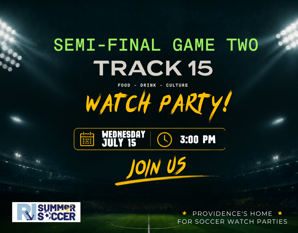 Announcement for a soccer watch party at Track 15 on July 15 at 3:00 PM. Food and drinks available.