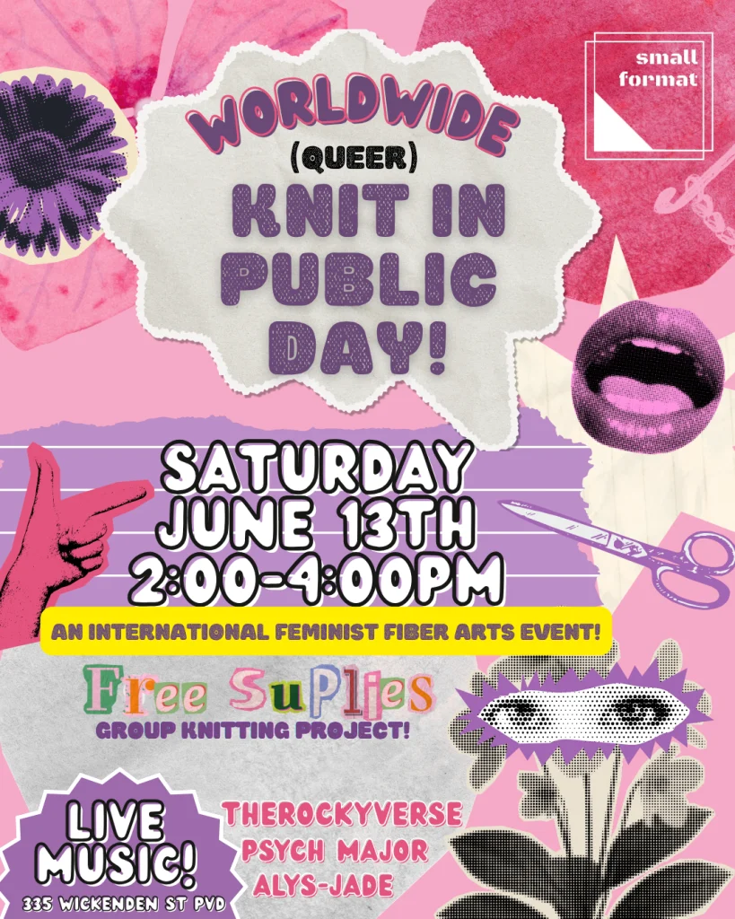 Promotional flyer for Worldwide (Queer) Knit in Public Day, featuring event details and live music.