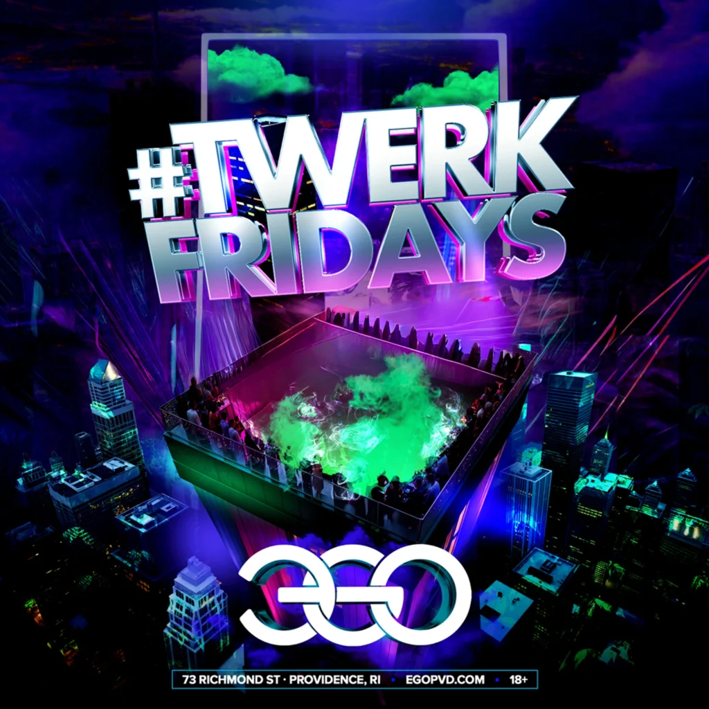 Promotional graphic for #TwerkFridays at Ego, featuring vibrant colors and a rooftop party scene.