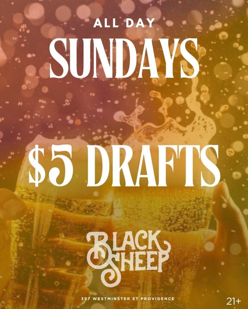 Text promotes $5 draft specials at Black Sheep on Sundays, featuring two glasses of beer.