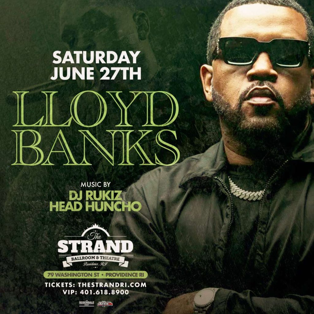 Lloyd Banks poses confidently, promoting a concert on June 27th at The Strand in Providence, RI.