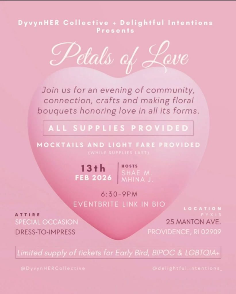 Event flyer for "Petals of Love," featuring details on crafts, mocktails, and hosts Shae M. and Mhina J.