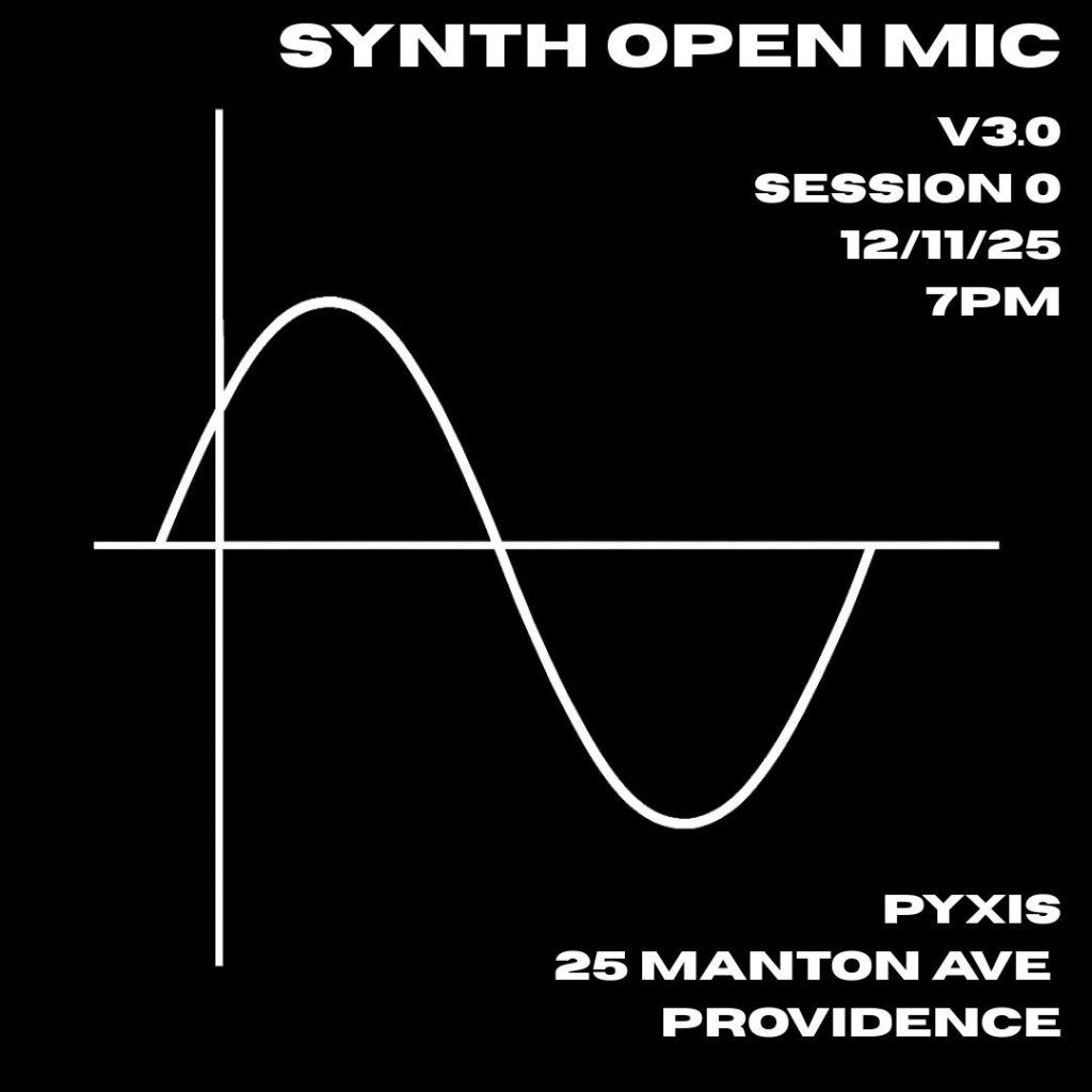 Text announces a synth open mic event at Pyxis, December 11, 2025, at 7 PM. Features a waveform graphic.