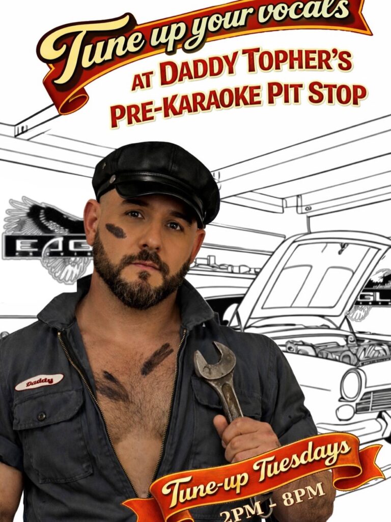 A man in a mechanic outfit holds a wrench, promoting "Tune-up Tuesdays" at a karaoke event.