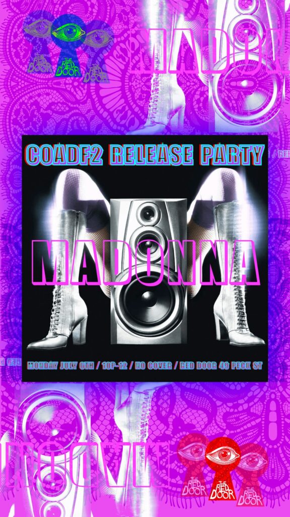 Promotional poster for COADF2 release party featuring speakers and silver boots, highlighting "Madonna.