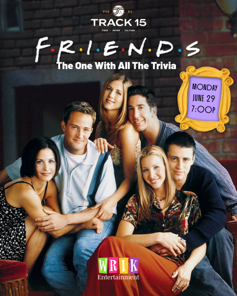 Six friends pose together, smiling, with event details for a trivia night below.